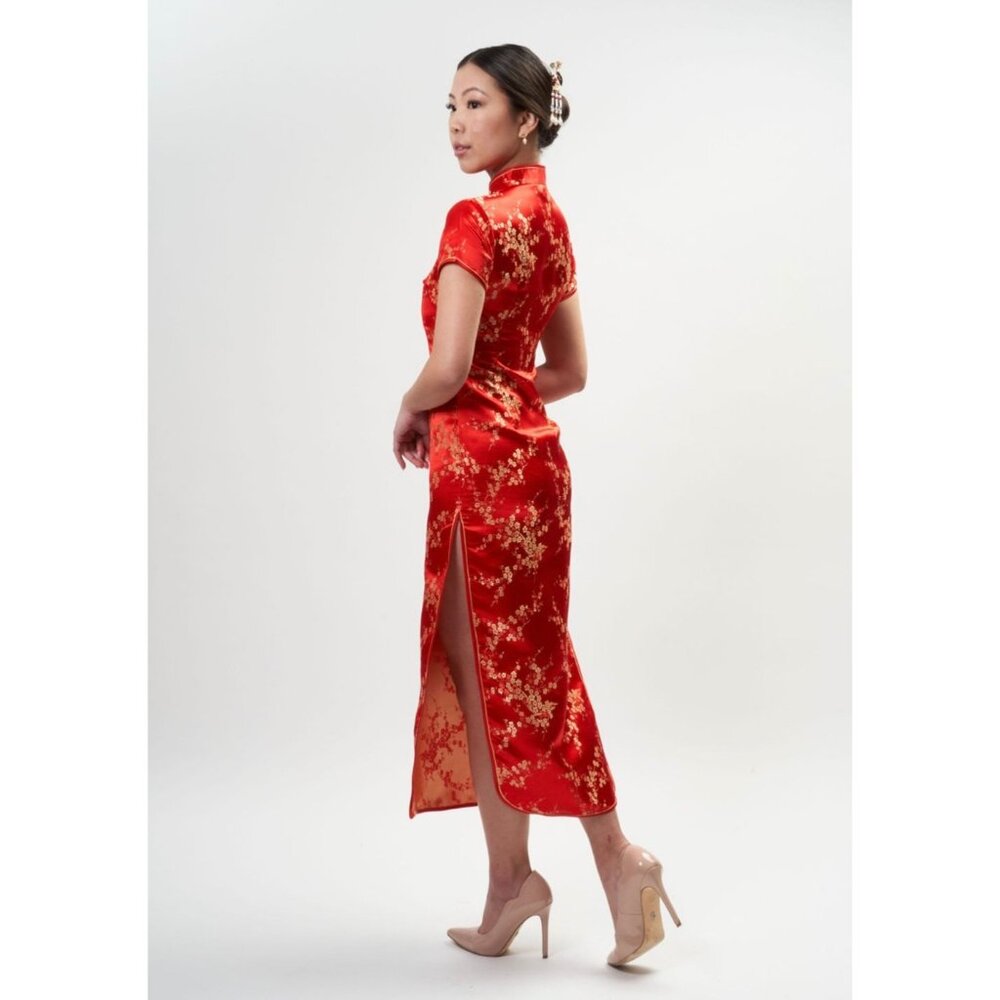 Vintage Y2K 90s DiYuange Red Satin Gold Floral Embroidered Cheongsam Qipao Dress - Picture 6 of 16
